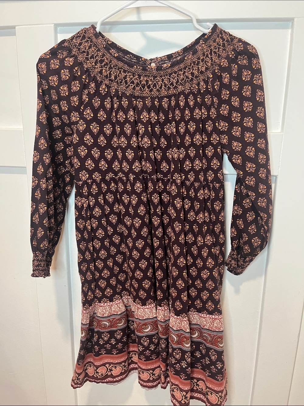 Old Navy Brown and Pink Printed Smocked-Yoke Long Sleeve Dress